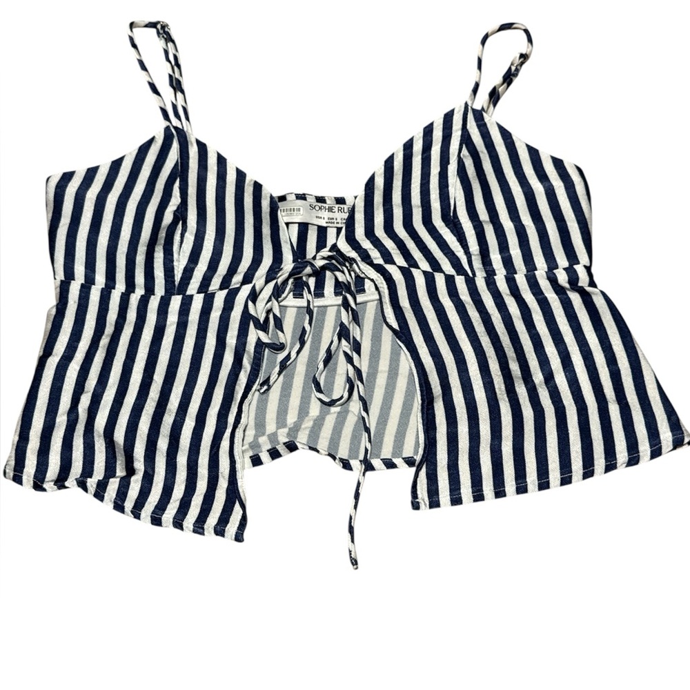 Sophie Rue Navy and White Striped Silky Tie-Front Crop Tank. Size S.